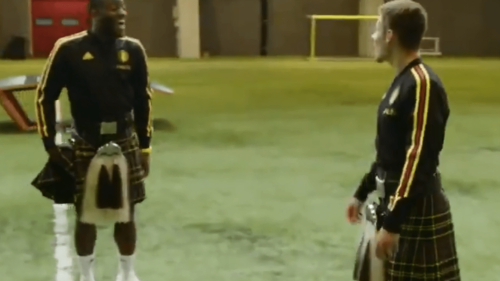 Belgium duo wear kilts and learn the bagpipes ahead of Scotland clash