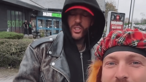 Towie's Pete Wicks 'loses it' at Scots service station with I'm a Celeb pal