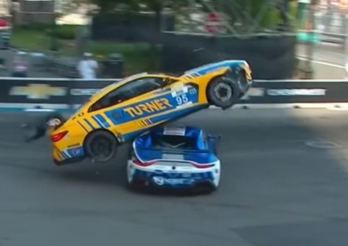 BMW M4 GT4 gets airborne, lands on top of Aston Martin before driving away