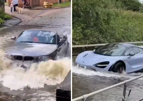 BMW, Jaguar and McLaren drivers attempt crossing water-logged road [WATCH]