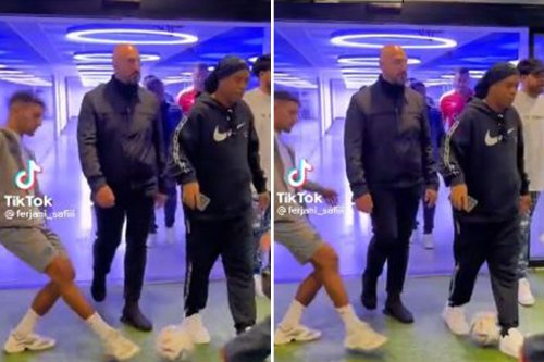 Watch fuming Ronaldinho get nutmegged by TikTok star Ferjani Safi and attempt to boot ball away