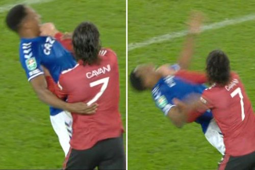 Edinson Cavani escapes red card after appearing to THROTTLE Yerry Mina with no VAR in Man Utd's 2-0 win over Everton