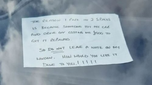 Driver leaves rude note explaining why they’re taking up two parking spaces – but people are divided