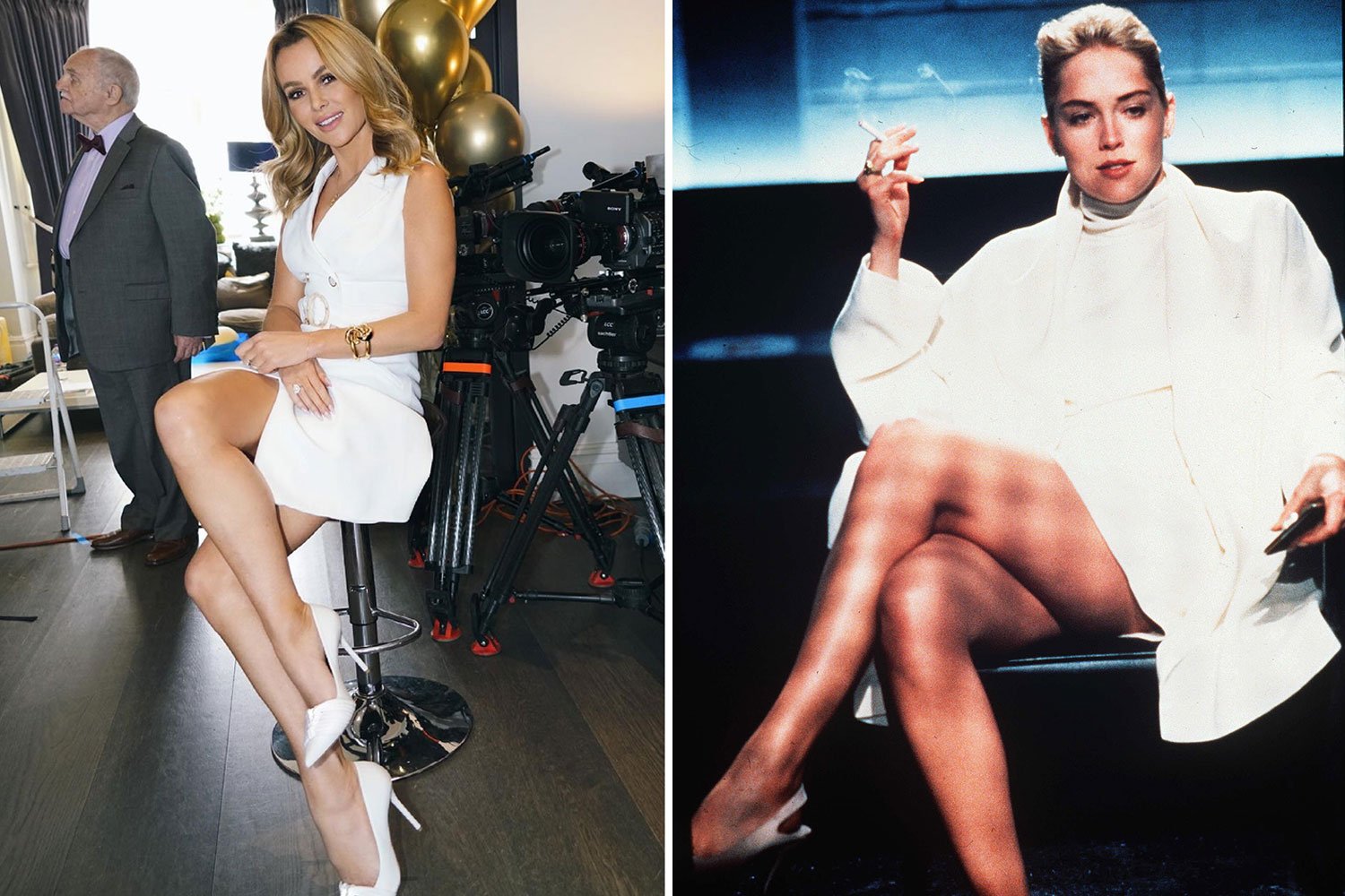 Amanda Holden channels Sharon Stone in Basic Instinct wearing very sexy white dress