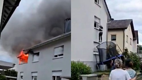 Dramatic moment man escapes burning home by jumping onto TRAMPOLINE in lucky escape