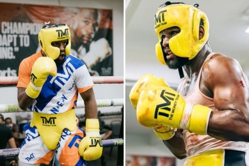 Mayweather is splattered with blood as boxing legend trains for Logan Paul fight