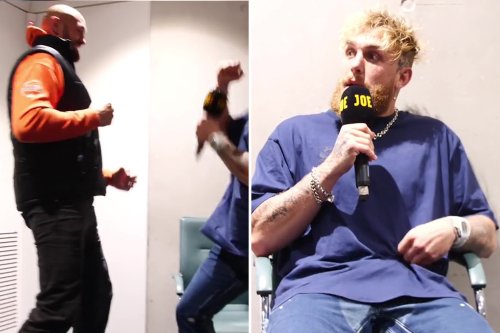 Watch Jake Paul’s ‘life flash before his eyes’ as Tyson Fury gatecrashes interview and pretends to punch Tommy’s rival