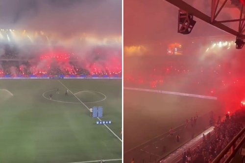 Watch incredible moment AEK Athens fans set off hundreds of flares after returning to their home stadium after 19 years