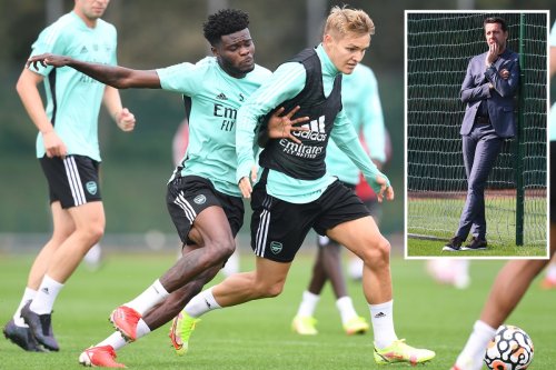 Edu watches over Mikel Arteta in training as Arsenal prepare to take on Burnley