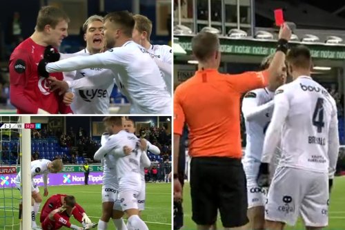 Astonishing moment keeper dives to get his OWN team-mate sent off after bust-up