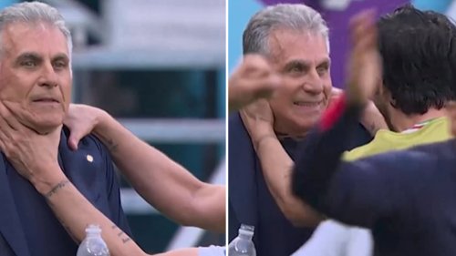 Watch Iranian star STRANGLE manager Carlos Queiroz in crazy touchline celebration during stunning Wales victory