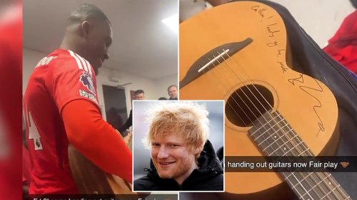 Nottingham Forest star serenades team-mates after being bizarrely gifted guitar by Ed Sheeran following Ipswich win