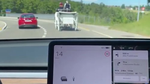 Watch as Tesla gets stuck behind a horse and cart on the road – what it displays on its screen is hilarious