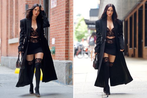 Megan Fox stuns in a lace crop top and matching stockings in New York