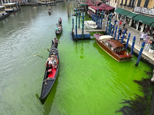 Venice’s Grand Canal turns fluorescent green, sparking health fears and mystery