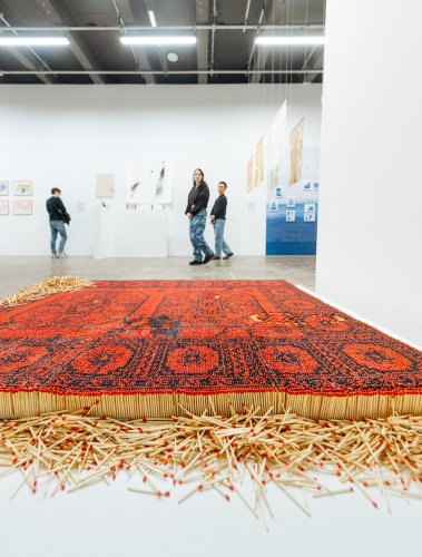 Hadi Rahnaward's Fraying Rug of Charred and Pristine Matchsticks Crumbles Under Violence — Colossal
