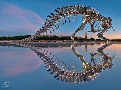 Giant Chrome T-Rex Installed on the Seine River in Paris by Philippe Pasqua — Colossal