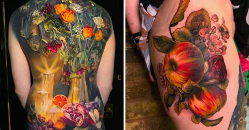 Elaborate Chiaroscuro Tattoos by Makkala Rose Burst With Ripe Fruit and ...