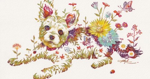 Vibrant Botanicals Spring from Cheerful Pups in Hiroki Takeda's Playful Watercolors