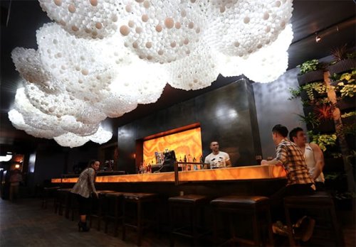Cloud Ceiling: An Interactive Cloud Made with 15,000 Light Bulbs at Progress Bar in Chicago — Colossal