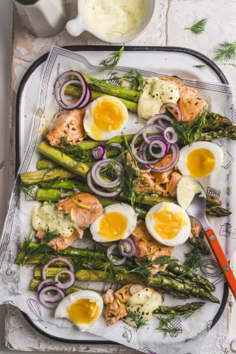 So einfach, so lecker! Gebratener grüner Spargel mit Lachs und Ei