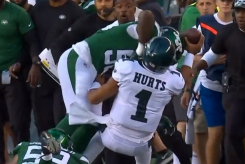 Eagles QB Jalen Hurts Got Destroyed With Extremely Late Hit While Running Out of Bounds (VIDEO)