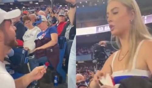 Woman Slaps Boyfriend, Throws Drink At Him For Proposing With A Ring Pop At Toronto Blue Jays Game (VIDEO)