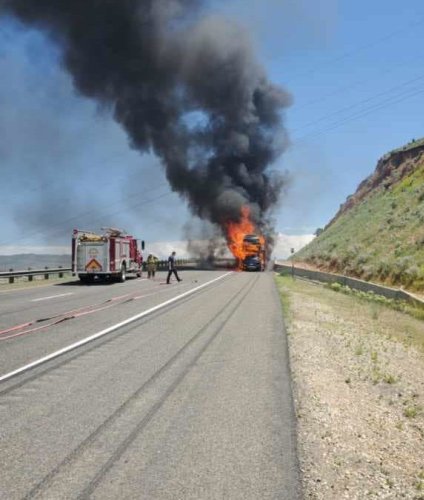 Semi hauling cars catches fire on I-80 EB at Echo Junction