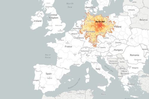 Karte zeigt, wie weit man in 5 Stunden von jedem Bahnhof in Europa reisen kann