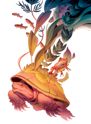 Art by Camber! — This turtle has a bit more than algae growing on...