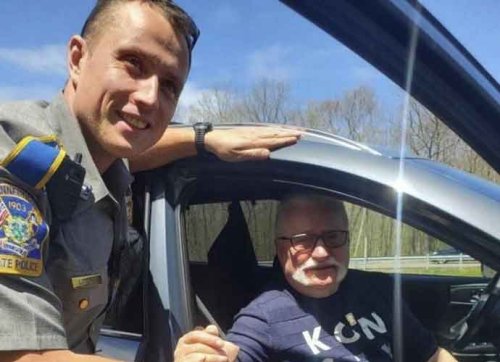 Polish Police Officer Meets Former Polish President Lech Walesa At Connecticut Service Stop