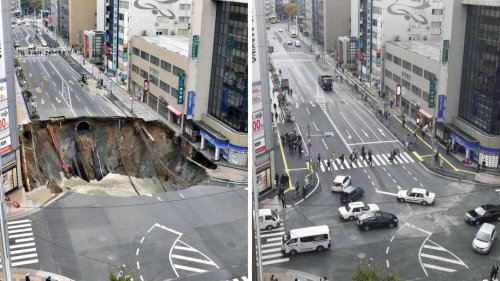Um buraco enorme em uma avenida no Japão foi consertado em menos de uma semana