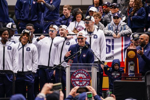 Dan Hurley exclaimed UConn is going for the three-peat during the Huskies' victory parade