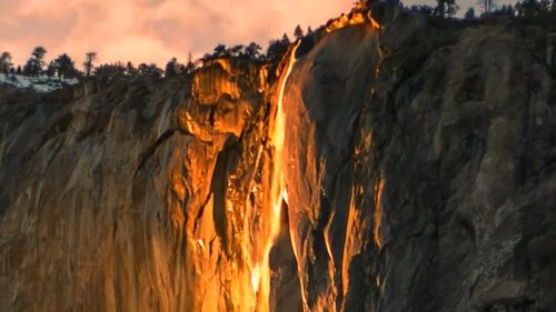 Watch as Yosemite's Horsetail Fall glows golden during annual 'firefall' event: Video