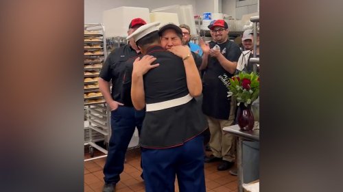 Restaurant worker is rewarded for hard work with a surprise visit from her Marine daughter