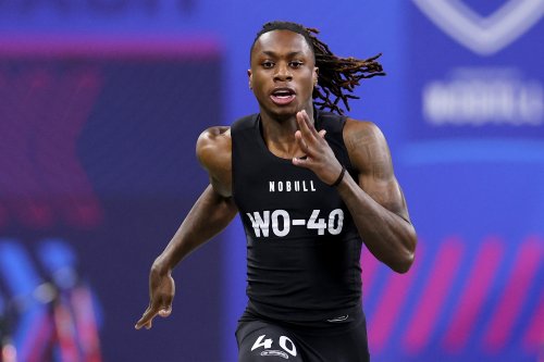 Ravens GM Eric DeCosta reacts to Xavier Worthy running a 4.21 40-yard dash at the NFL Combine