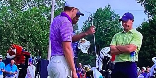 Tiger Woods eating a sandwich and going through Jordan Spieth's bag during PGA Championship is too good