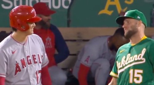 Shohei Ohtani made a hilarious 'threat' to A's first baseman Seth Brown after being hit by a pitch
