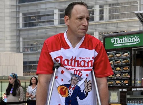 Why Joey Chestnut is on crutches at the Nathan's Hot Dog Eating contest