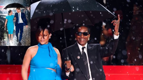 Rihanna enceinte, elle rejoint A$AP Rocky sur le tapis rouge du Festival de Cannes et le couple imite, grâce à la pluie, Meghan Markle et le prince Harry