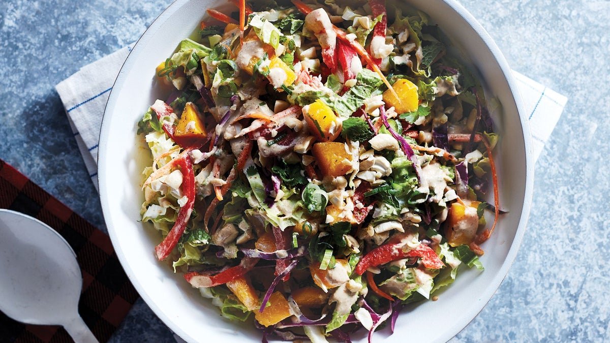 Rainbow Mango Slaw with Almond Butter Dressing and Fresh Herbs