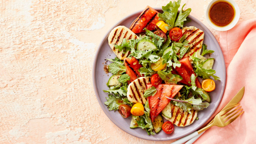 Grilled Watermelon Salad with Halloumi, Tomatoes, and Cucumber