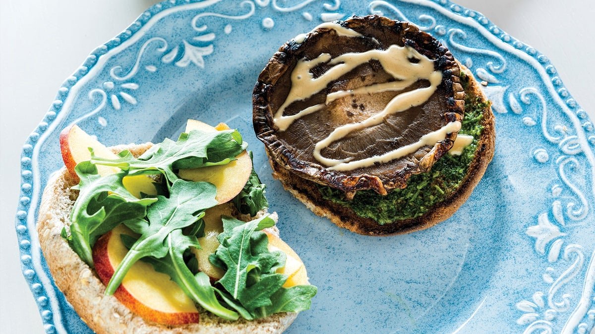 Savor the Last Bits of Summer by Grilling Portobello Burgers with Peach, Cashew Cream, and Chimichurri