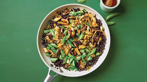 'Forbidden' Vegan Kimchi Fried Rice with Mushrooms and Snow Peas