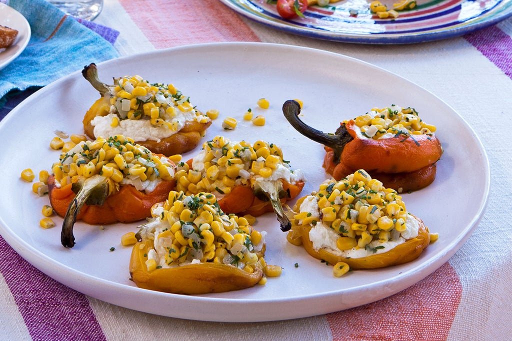 Grill-Roasted Peppers with Goat Cheese and Sautéed Summer Corn