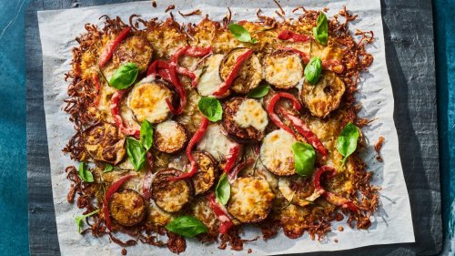 Potato Crust Pizza with Roasted Eggplant & Peppers