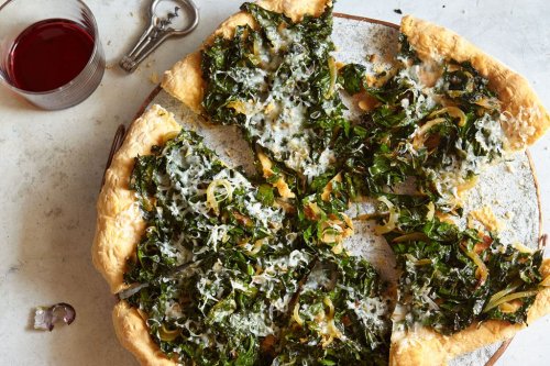 Kale, Caramelized Onion, and Parmesan Pizza