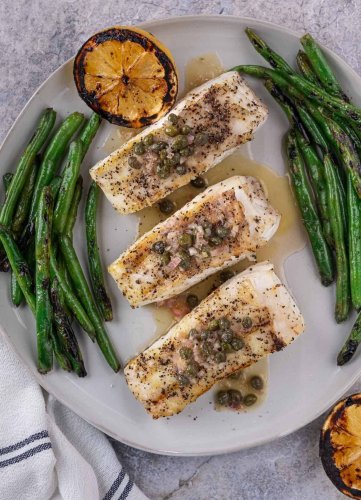 Grilled Halibut with White Wine, Butter, and Caper Sauce