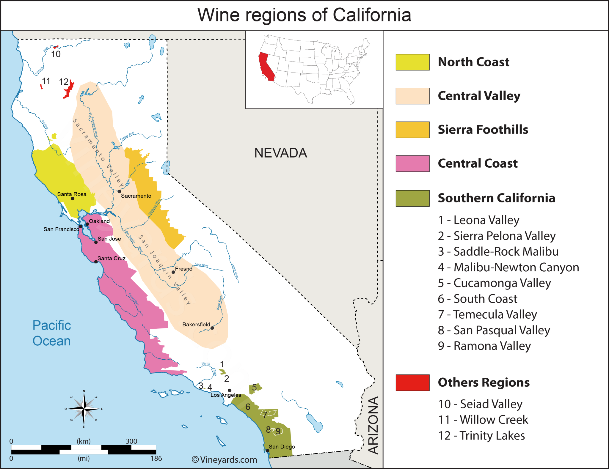 California map of vineyards wine regions