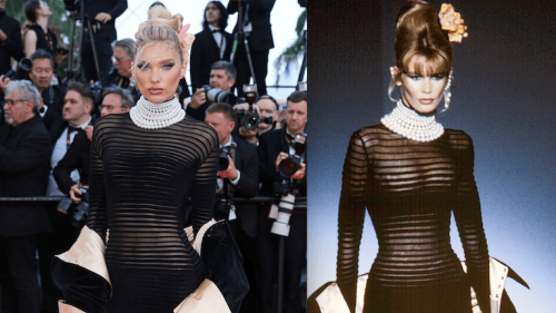 À Cannes, Elsa Hosk fait sensation dans une robe Mugler portée par Claudia Schiffer, 30 ans plus tôt